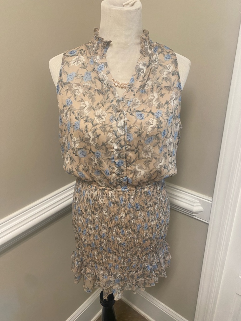 Karlie Beige Dress with Light Blue Floral Print